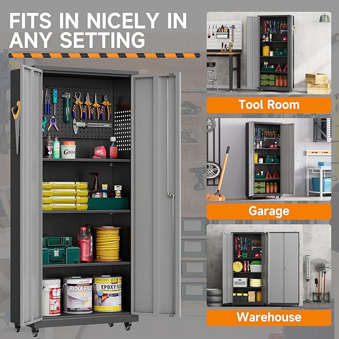 Garage Storage Cabinet with Wheels, Metal Storage Cabinet with 2 Doors and - Image 8