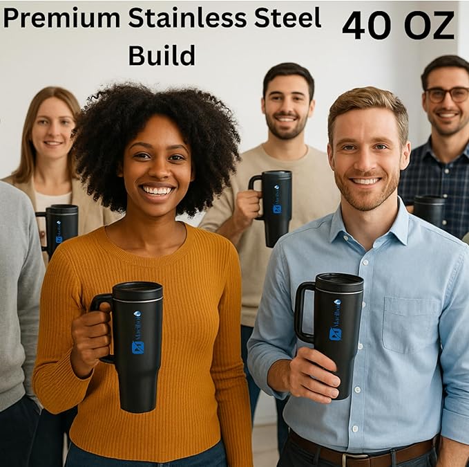 Stainless Steel Insulated Tumbler with Handle & Flip Straw - Leakproof Travel Mug for Hot & Cold Drinks - Reusable tumbler with Lid, Keeps Hot 6–8 Hours & Cold 8–10 Hours, Black | 40 oz |