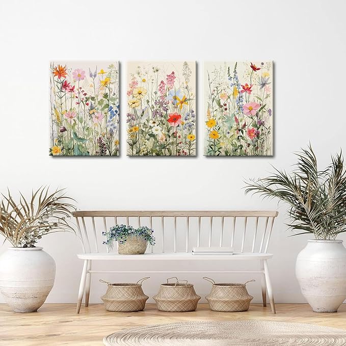 KISSFOX 3 Piece Watercolor Flower Framed Wall Art Decor Colorful Botanical - Image 5