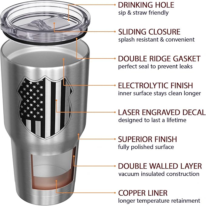 We The People Holsters - Police Shield - Coffee Tumbler - American Flag Coffee Travel Mug - Engraved Tumbler - Double Insulated Tumbler - 30 oz