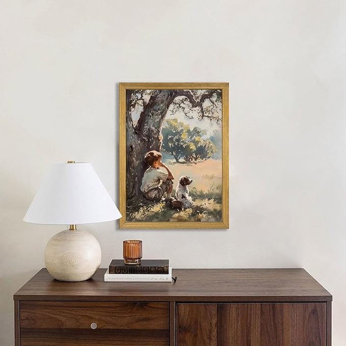 Wood Framed Canvas Wall Art, Vintage Boy and Dog Painting Poster, Countryside - Image 8