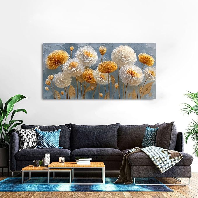 Abstract White Flower Wall Art Golden Floral Pictures Wall Decor Neutral - Image 5
