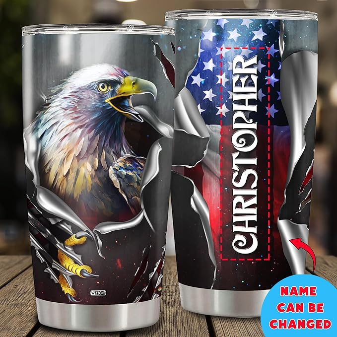 WAZONE Personalized Eagle Tumbler American Flag Custom Name 20oz 30oz Stainless Steel Insulated Cup Novelty Double Wall Vacuum Travel Coffee Mug Stuff Gifts Birthday Presents For Men Him