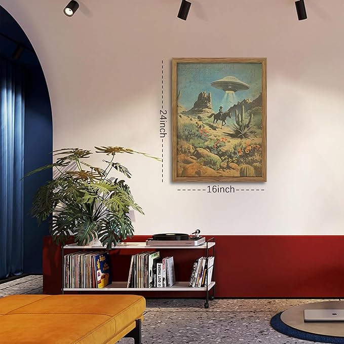 Framed Vintage Intergalactic Western Canvas Wall Art, Alien UFO Abducting Cowboy - Image 3