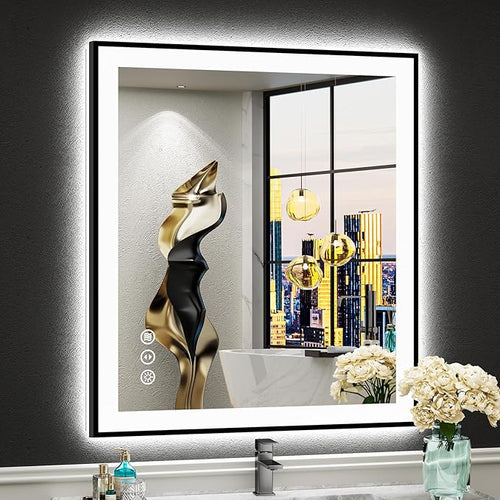 28x32 Black Framed LED Bathroom Mirror by Awandee