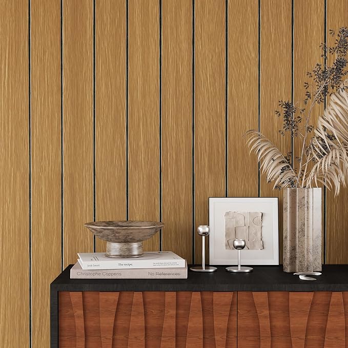 VEELIKE Honey Teak Wood Slat Wall Panels Peel and Stick Decorative Faux Wood - Image 5