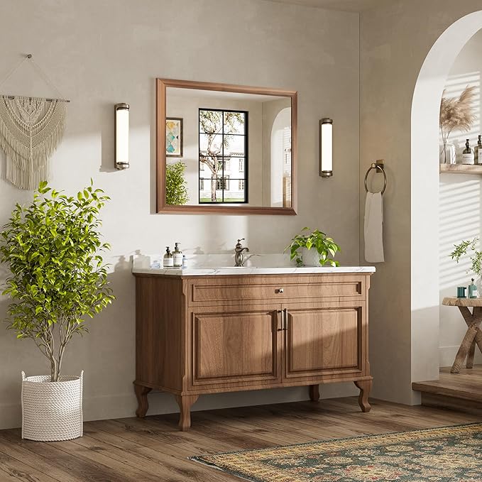 40x32 Inch Bathroom Mirror for Wall, Anti-Rust Walnut Wood Grain Metal Framed - Image 3