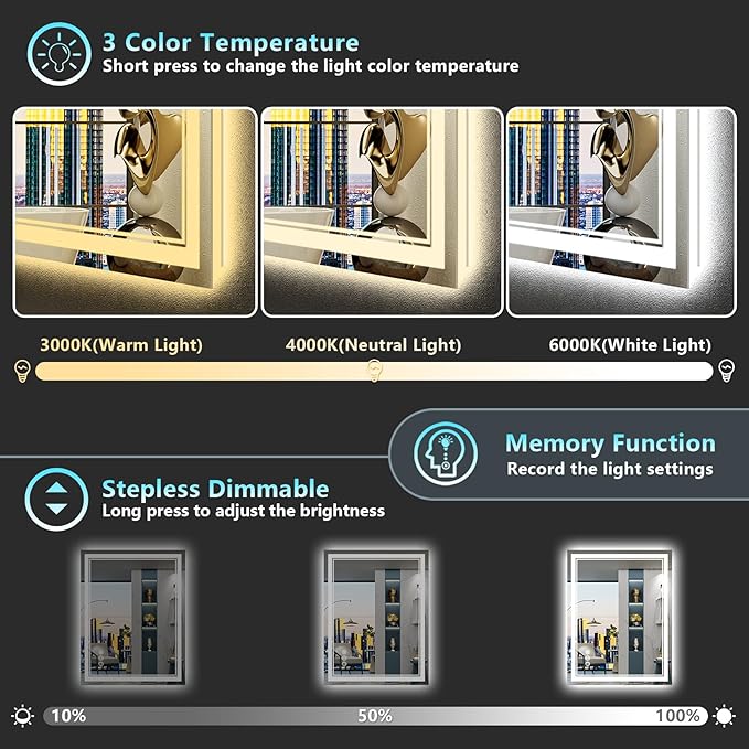 24x30 LED Bathroom Mirror with Lights, Backlit and Front Lit Anti-Fog Lighted - Image 4