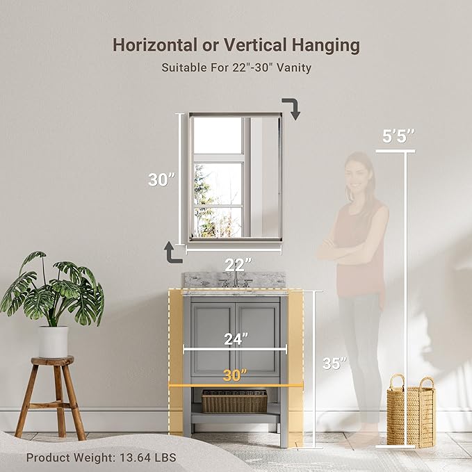 Brushed Nickel Bathroom Mirror, 22x30 Inch Beveled Framed Bathroom Mirror - Image 2