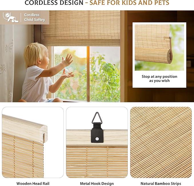 LazBlinds Cordless Bamboo Blinds, Roll Up Shades - Image 2