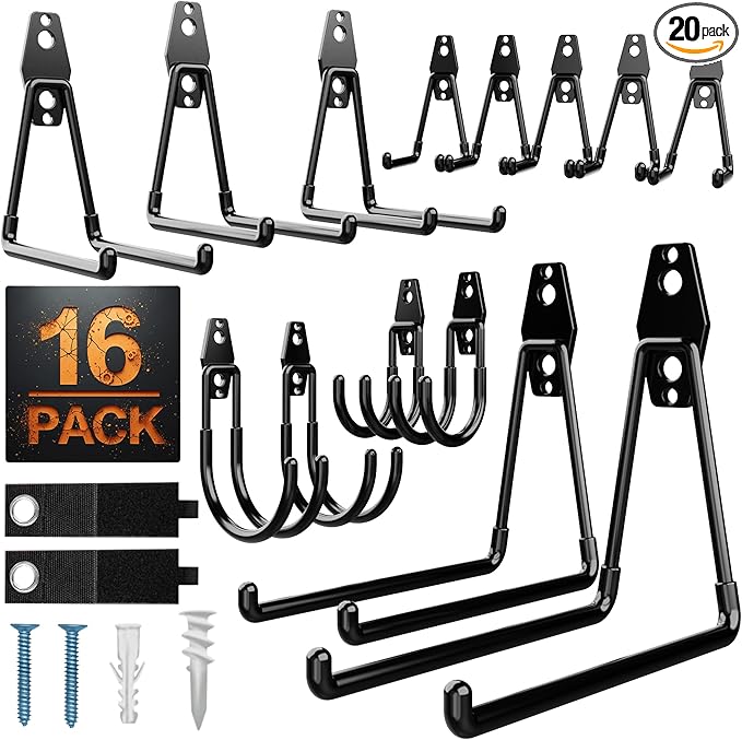Pack 16 Garage Hooks Heavy Duty | Multi-Sized Wall-Mounted Tool Hangers by Unknown