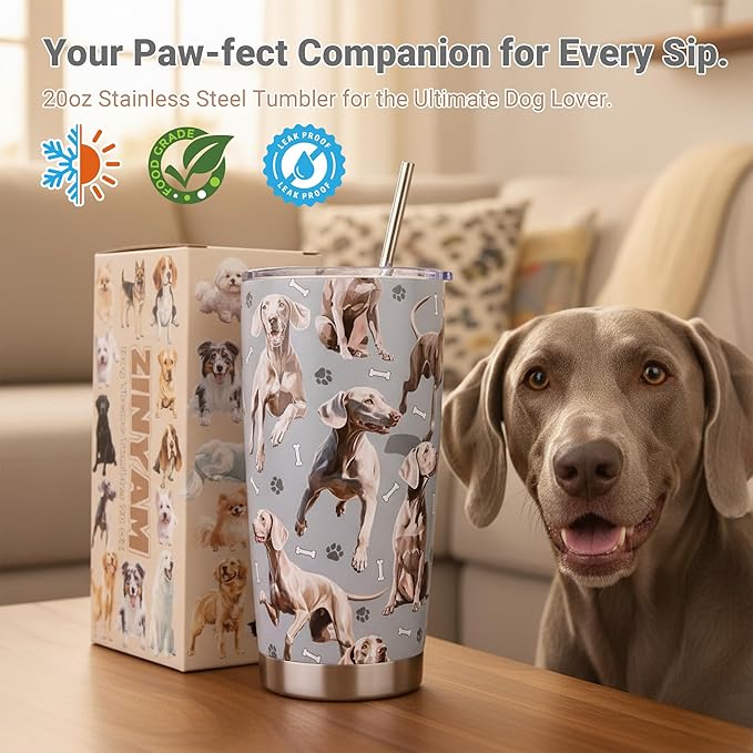Weimaraner Gifts Tumbler 20oz - Stainless Steel Insulated Cup with Lid & Straw, Dog Lover Gift for Women Men