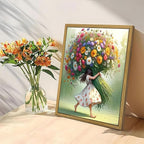 Wood Framed Pink Wildflower Canvas Wall Art, Girl Hugging Flowers Poster Prints - Image 7