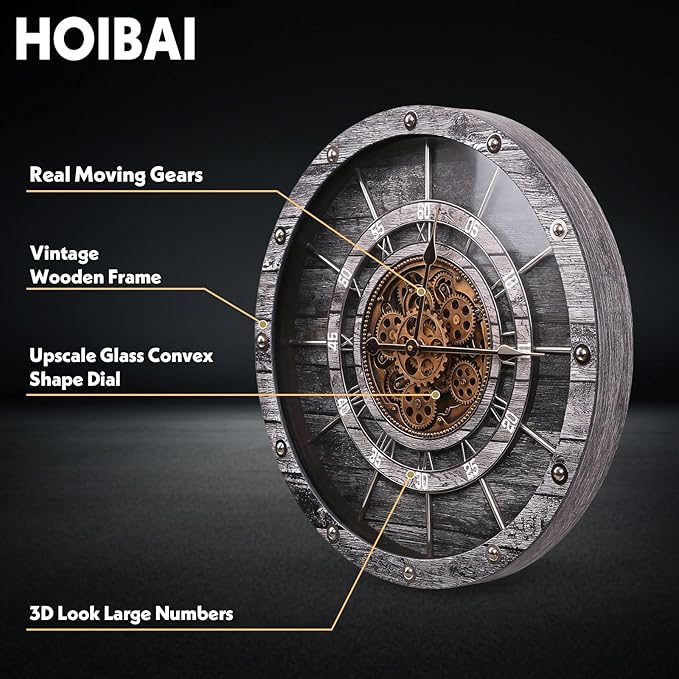 HOIBAI Wall Clock, 24 Inch Moving Gears Clock Large Wall Clock - Image 3
