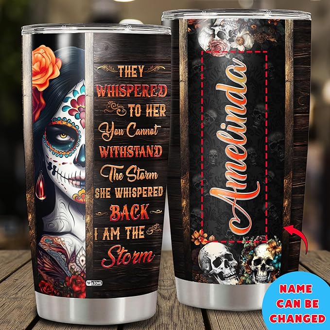 WAZONE Personalized Skull Tumbler Wood Drawing Style Custom Name Double Wall Vacuum 20oz 30oz Stainless Steel Travel Mug Insulated Cup Thermal Cups Novelty Halloween Day Gifts