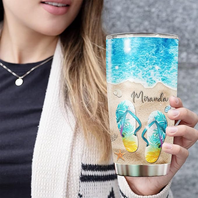 WAZONE Personalized Beach Tumbler With Name 20oz 30oz Stainless Steel Summer Gifts Ideas For Sunbathing Sea Turtle Starfish Lovers Ocean Themed Insulated Cup Customized Gift Travel Mug