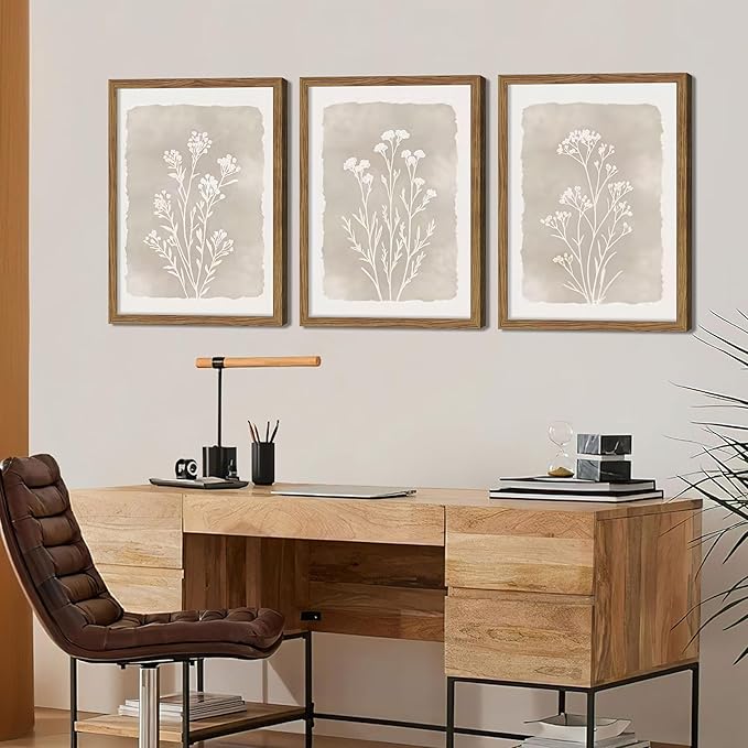 Framed Boho Botanical Flower Wall Art Set of 3, Vintage Minimalist Neutral - Image 2