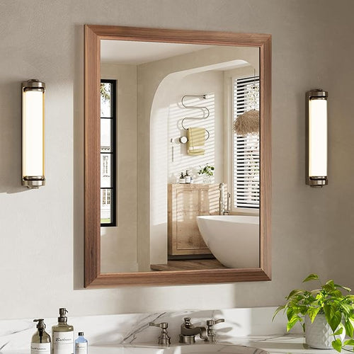 28x36 Inch Bathroom Mirror for Wall, Anti-Rust Walnut Wood Grain Metal Framed by Briivuemodernmirrors