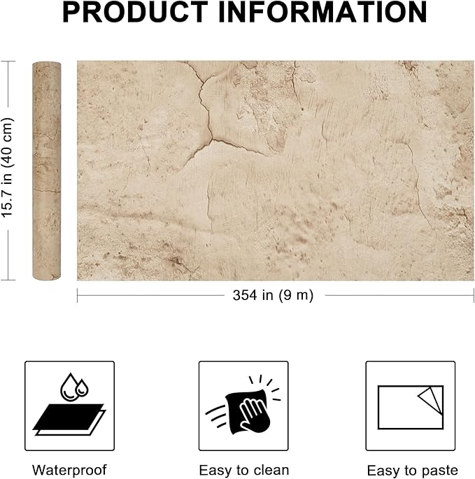 WADILE Beige Concrete Wallpaper 15.7 in * 354 in, Cement Contact Paper 3D Matte - Image 2