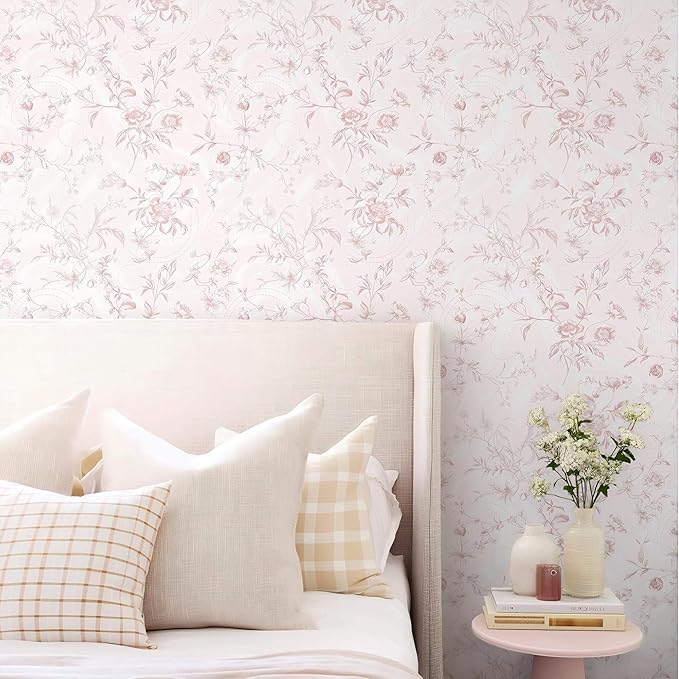 Ismoon Floral Wallpaper Peel and Stick Pink Stick on Wall Paper Vintage French - Image 2