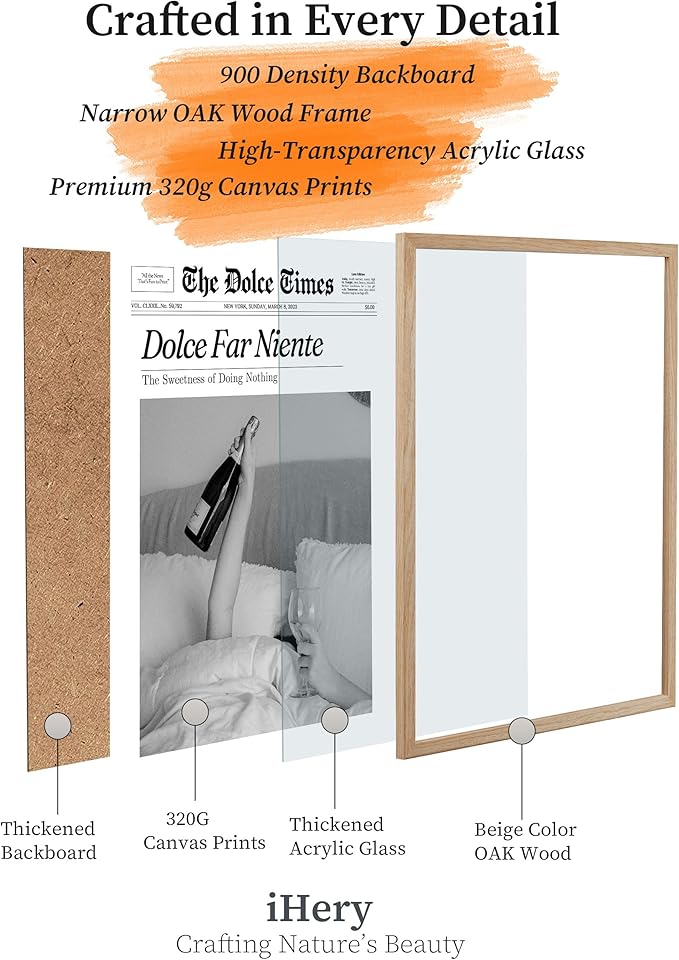 iHery Dolce Far Niente Framed Trendy NewsPaper Wall Art, Natural OAK Wood - Image 4