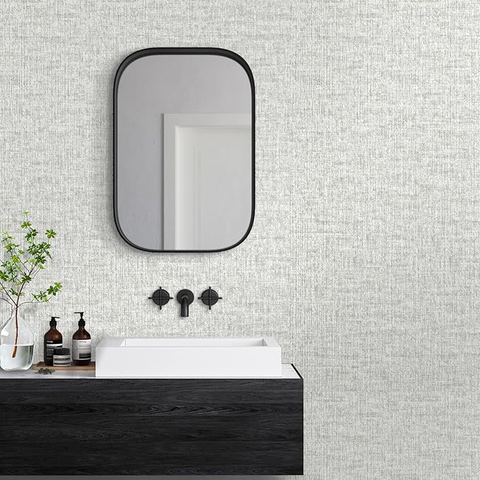 Grey Grasscloth Peel and Stick Wallpaper, Vintage Textured Contact Paper 15.75" - Image 5