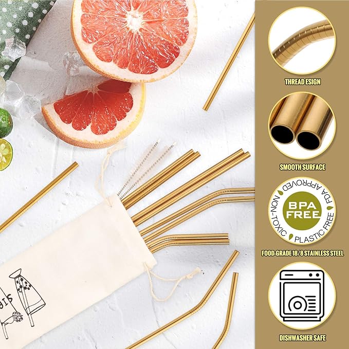 Hiware 12-Pack Gold Stainless Steel Straws Reusable with Case - Metal Drinking Straws for 30oz & 20oz Tumblers Dishwasher Safe, 2 Brushes Included