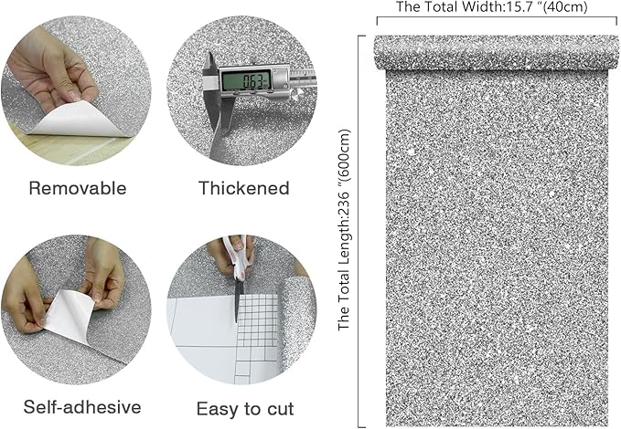 CHIHUT 15.7''x236'' Silver Glitter Contact Paper Peel and Stick Wallpaper - Image 2