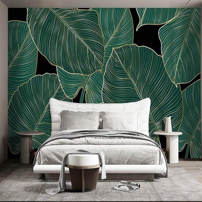 Black and Gold Leaf Mural Bedroom Tropical Green Botanical Wallpaper Room Plant - Image 2