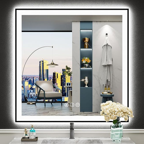 36x36 Black Framed LED Bathroom Mirror by Awandee