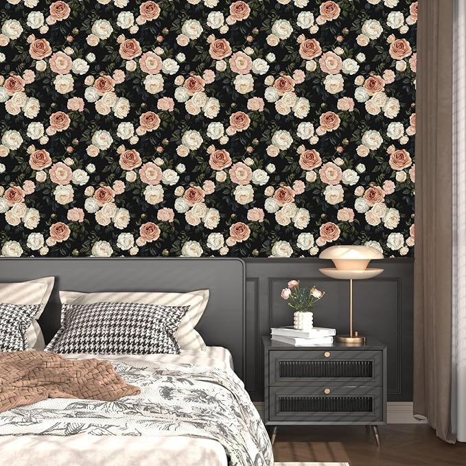 Pink White Rose Peony Wallpaper Peel and Stick Black Floral 17.5in x 393in - Image 2