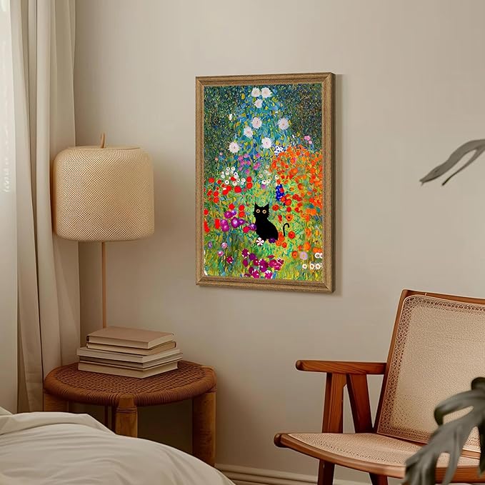 Fantasy Artists Gustav Klimt Canvas Wall Art, Framed Aesthetic Cat Floral Wall - Image 2