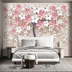3D Relief Abstraction Pink Flowers Tree Mural Bedroom Floral Wallpaper Room - Image 2