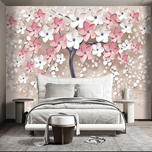 3D Relief Abstraction Pink Flowers Tree Mural Bedroom Floral Wallpaper Room - Image 2