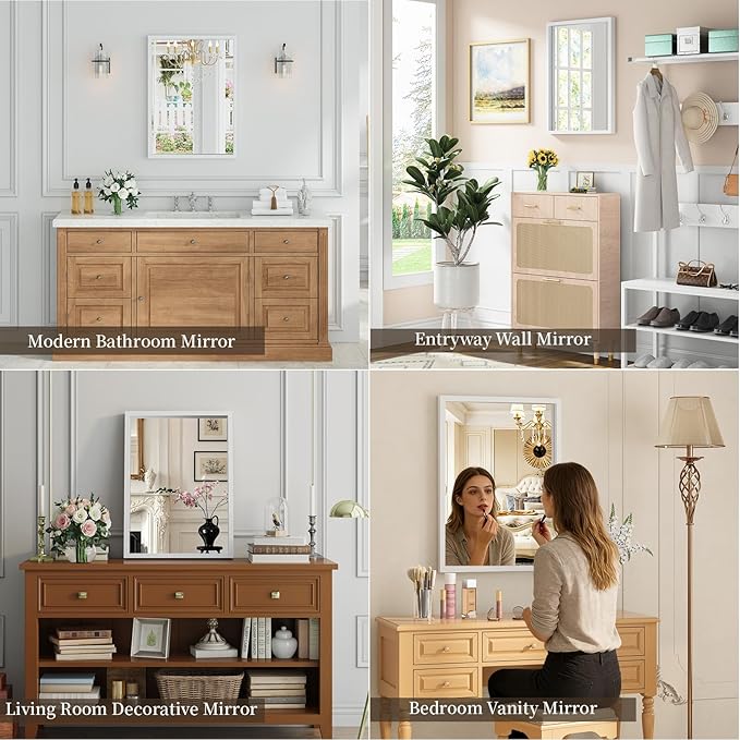 Syndra White Wood Frame Bathroom Mirror, Waterproof Slim Deep Frame, - Image 5