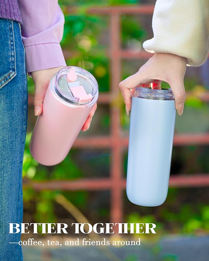 10 oz Insulated Coffee Tumblers, Travel Coffee Tumblers with Straw, Double-Wall Stainless Steel Tumbler, Leak Proof Tumbler, Reusable Cups with Lids for lced and Hot Drinks (Cream)
