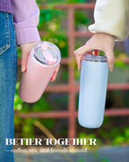 16 oz Insulated Coffee Tumblers, Travel Coffee Tumblers with Straw, Double-Wall Stainless Steel Tumbler, Leak Proof Tumbler, Reusable Cups with Lids for lced and Hot Drinks (Blue)