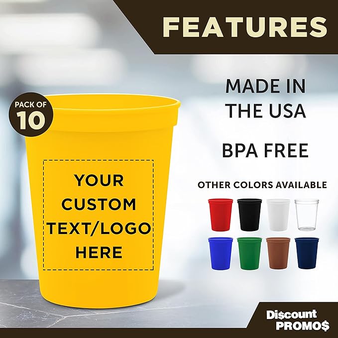 DISCOUNT PROMOS Custom Plastic Stadium Cups 16 oz. Set of 10, Personalized Bulk Pack - Perfect for Birthdays, Weddings, Picnic, Beach, Parties - Yellow