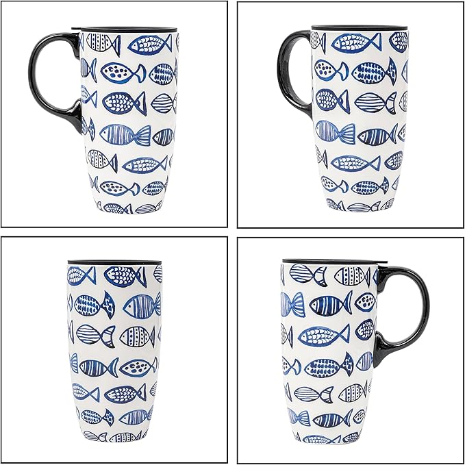 DUSVALLY Ceramic Mug Tall Coffee Cup with Lid, Porcelain Latte Tea Cup with Handle for Latte, Cappuccino and Cocoa, Dorm, Room and Office Coffee Cups, 17 oz, Fish