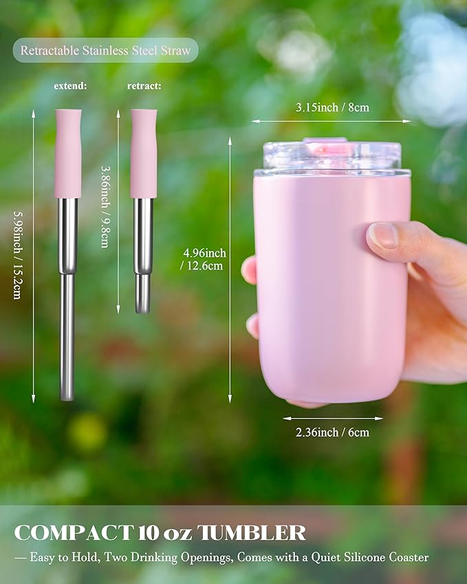 10 oz Insulated Coffee Tumblers, Travel Coffee Tumblers with Straw, Double-Wall Stainless Steel Tumbler, Leak Proof Tumbler, Reusable Cups with Lids for lced and Hot Drinks (Pink)