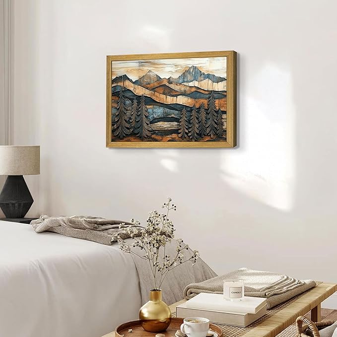Vintage Boho Mountain Wall Art, Framed Landscape Canvas Wall Art, Nature Forest - Image 4