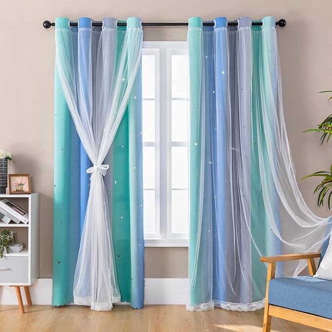 XiDi Curtains for Bedroom Decor, Rainbow BluGrenGrey-34-96 by Addsomecolortolife