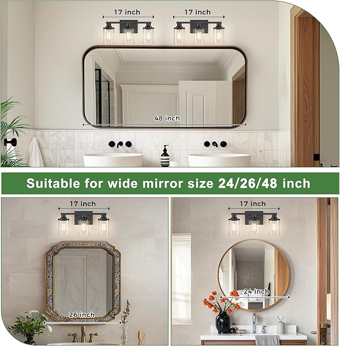 DORESshop 17 Inch Bathroom Light Fixtures, 3-Light Black Bathroom Lighting - Image 4