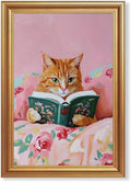 Fantasy Artists Gold Framed Wall Art Prints, Cute Orange Cat Reading a Green by Unknown
