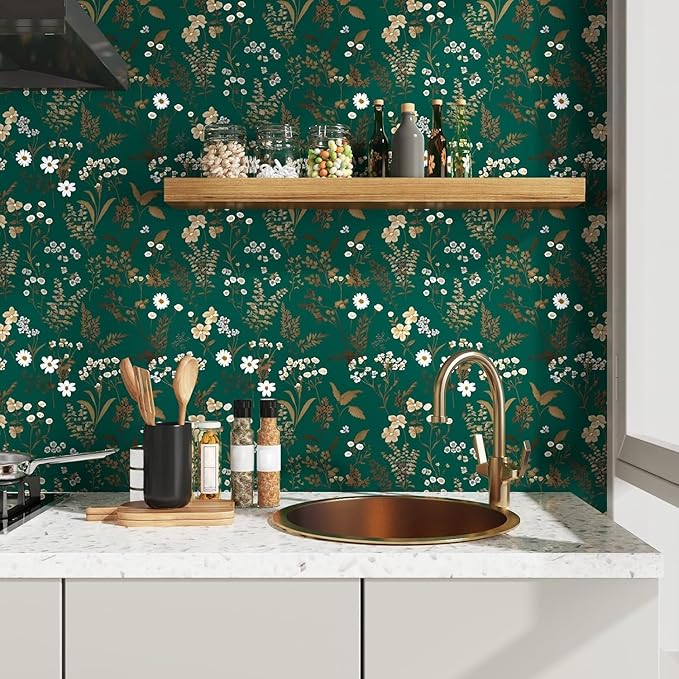 Laatse Dark Floral Wallpaper Peel and Stick 17.5in x 118in Vintage Green Gold - Image 4