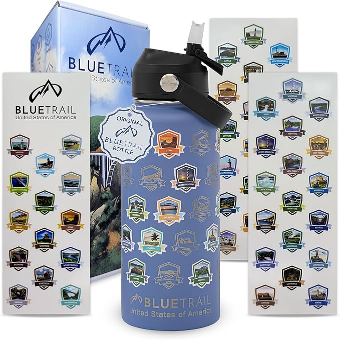 BlueTrail 50 States Water Bottle with Stickers - 32 oz Insulated Stainless Steel, Upgraded Leak-Proof Lid, UV & Waterproof Permanent Stickers, Laser Engraved 50 States of the USA (Moonlit Blue)