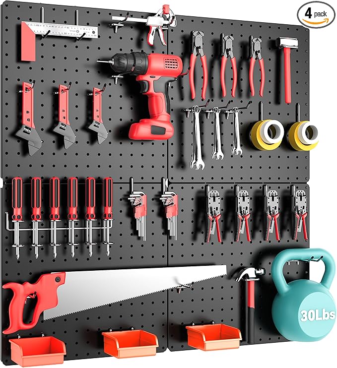 Peg Board, Total 32” x 32”, 4 Pack Black Peg Board Panels, 50lbs Load Capacity by Hogurity