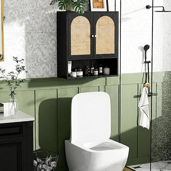 VINGLI Black Rattan Medicine Cabinet Wall Mounted, Arched Modern Farmhouse - Image 3