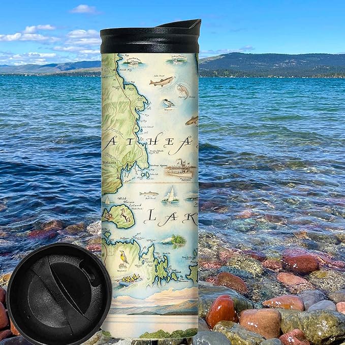 Xplorer Maps Montana's Flathead Lake Map 16 Oz Travel Drinkware with Spill-Resistant Lid - Stainless Steel Vacuum Insulated Coffee Tumbler