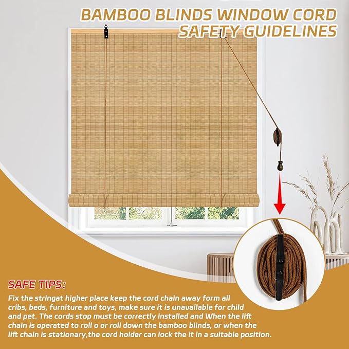 Bamboo Roll Up Shades for Windows 32Wx72L, Light Filtering Hanging Window Blinds - Image 5